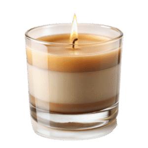 lit scented candle in a glass holder on a clear surface png